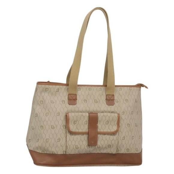 Christian Dior Honeycomb Canvas Tote Bag PVC Leather Beige Auth - Picture 1 of 16